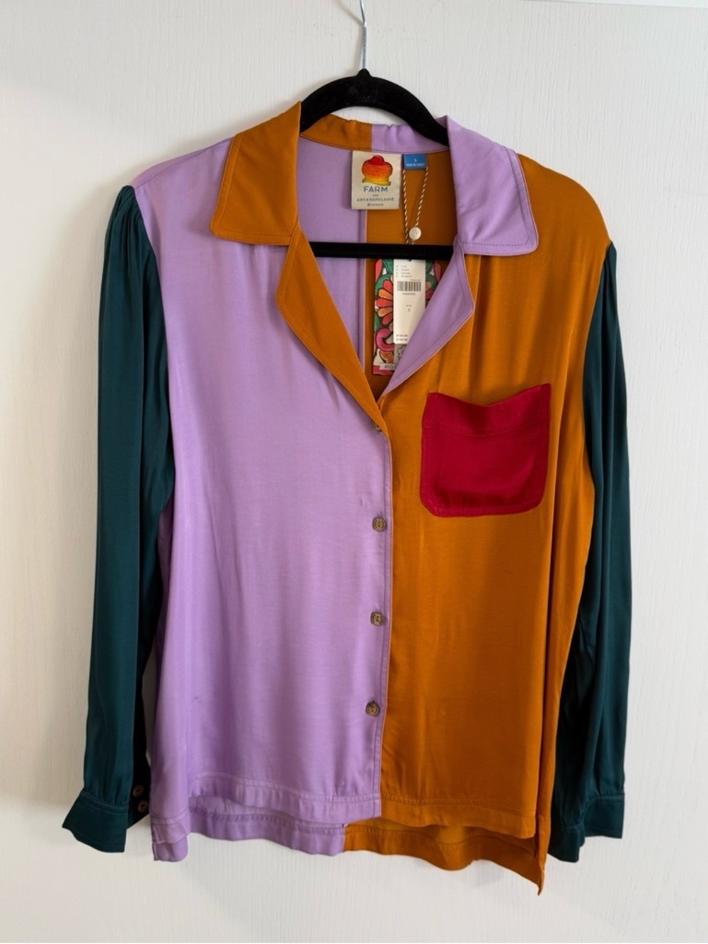Anthropologie FARM colorblock Button-Up Shirt Lavender, Mustard,Teal &Red Pocket